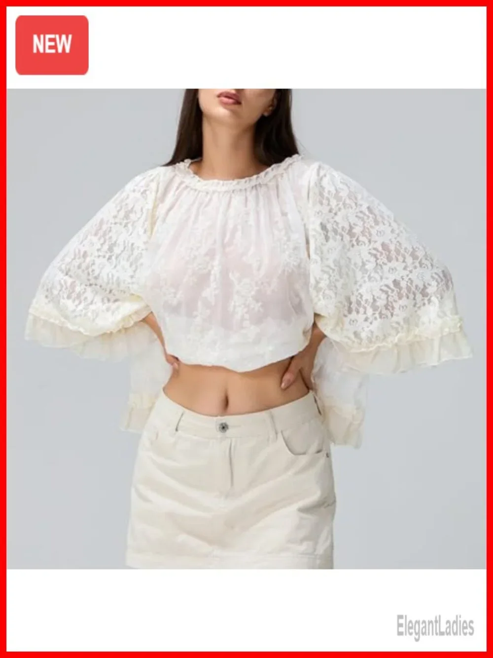 Boho Lace Sheer Mesh Long Sleeve Ruffle Flowy Top Blouse
